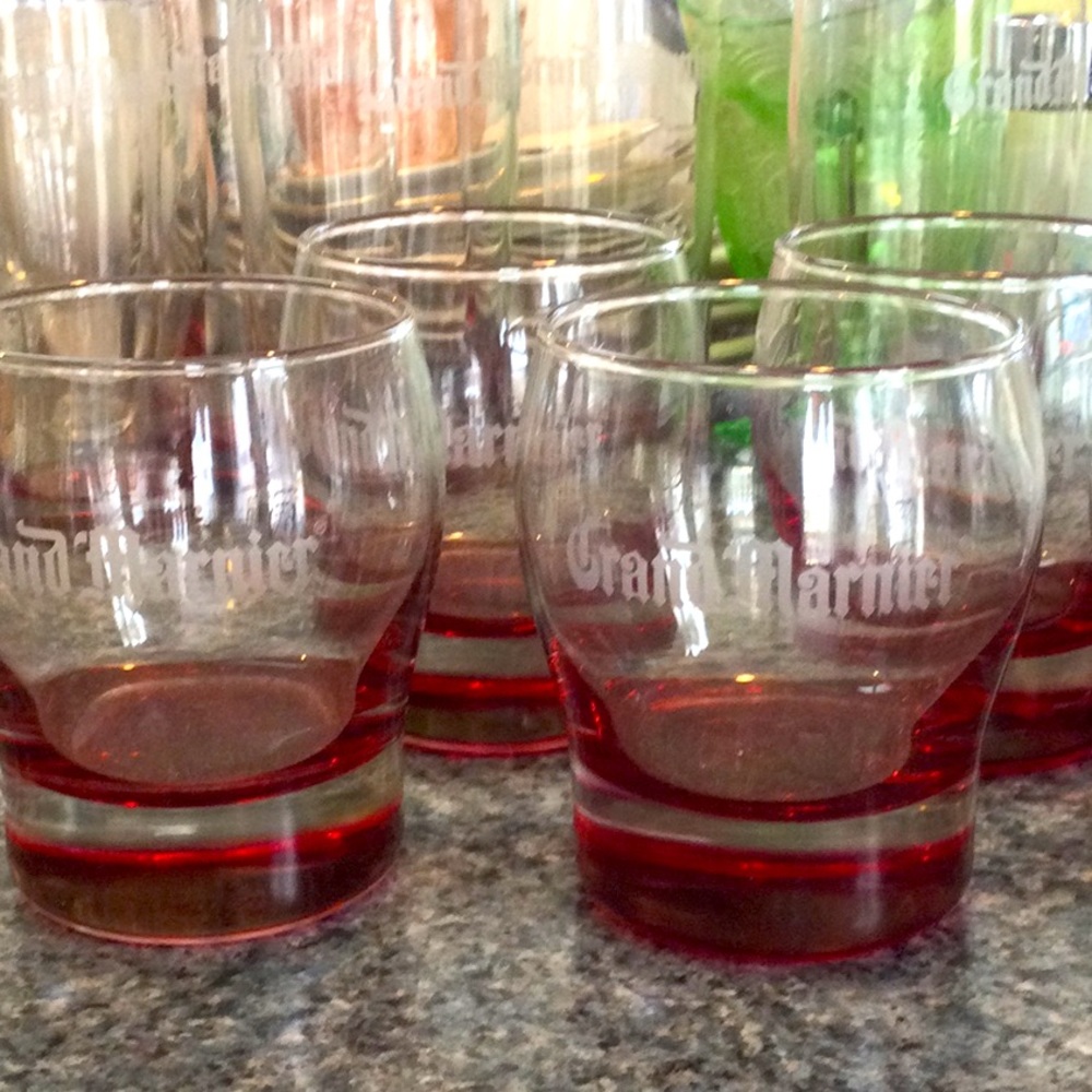 6 Grand Mariner low ball glasses. Ruby flash bar ware made by Libby. Never used.